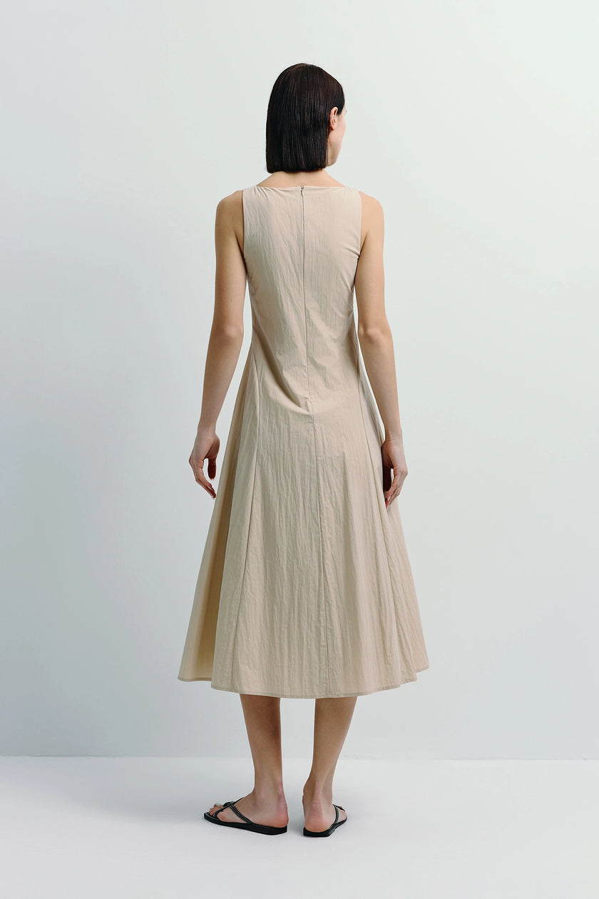 Carré High Square Neck Midi Dress in beige, structured cotton-nylon blend, rear view