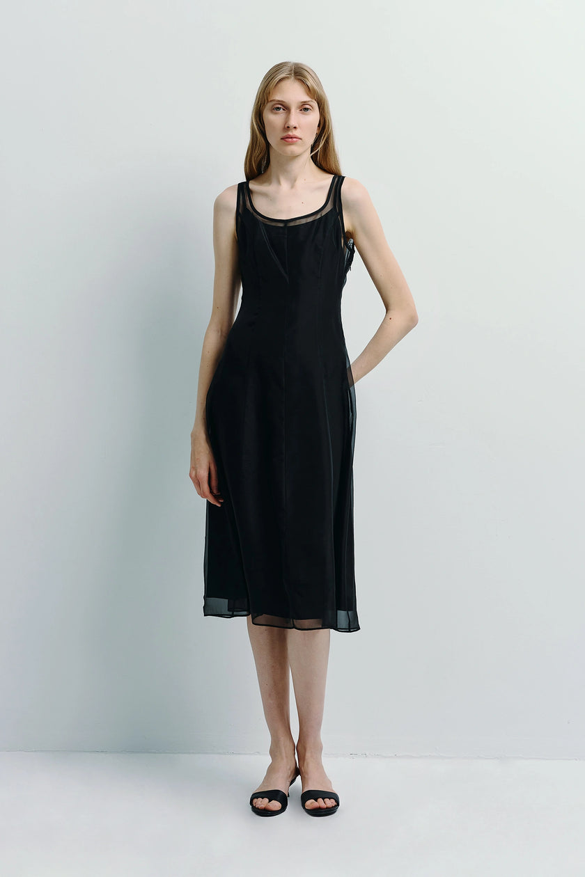 Anouk Organza Midi Dress in black, sheer organza, tailored fit. Elegant midi dress