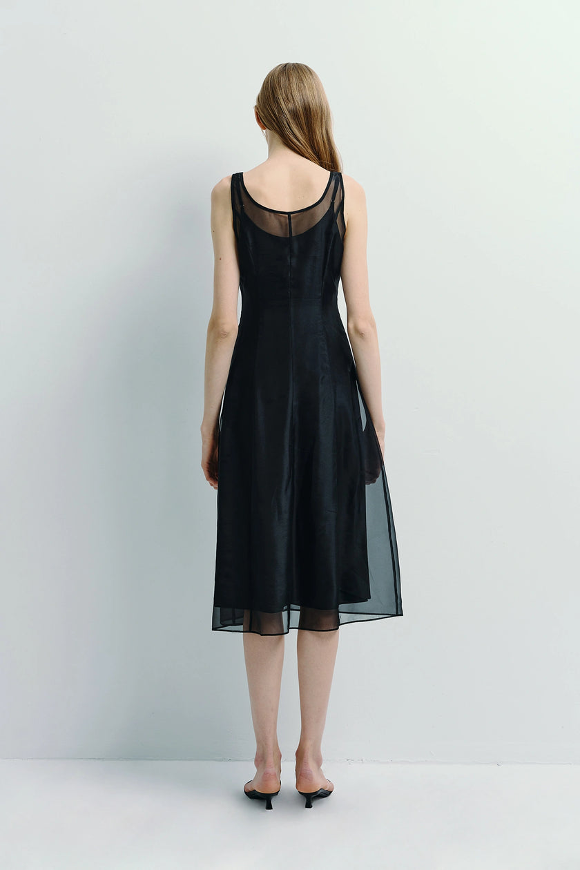 Black organza midi dress, sheer back detail, tailored fit, elegant style, Anouk dress