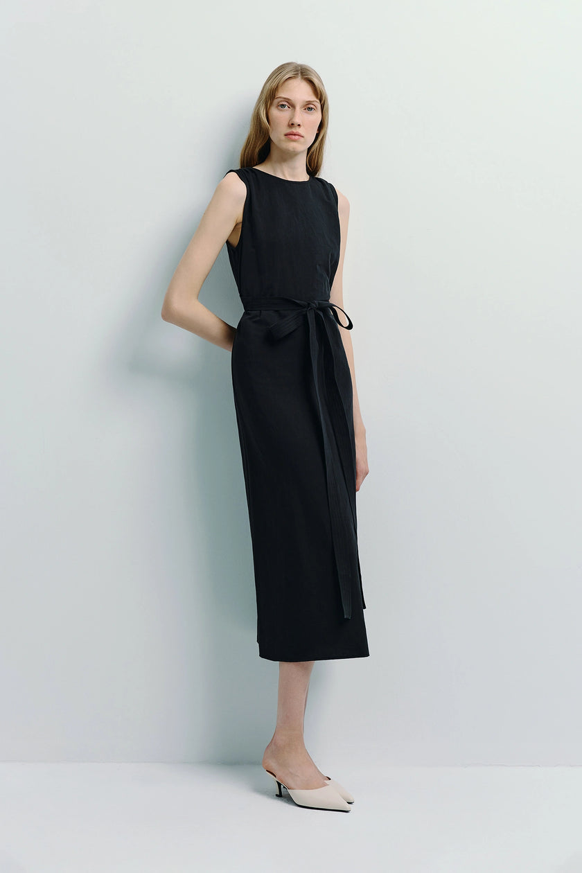 Black linen-cotton blend Antoine Tie Waist Midi Dress with tie waist