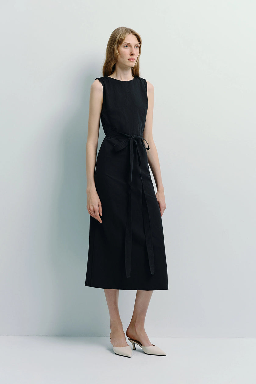 Antoine Tie Waist Midi Dress in black linen-cotton blend