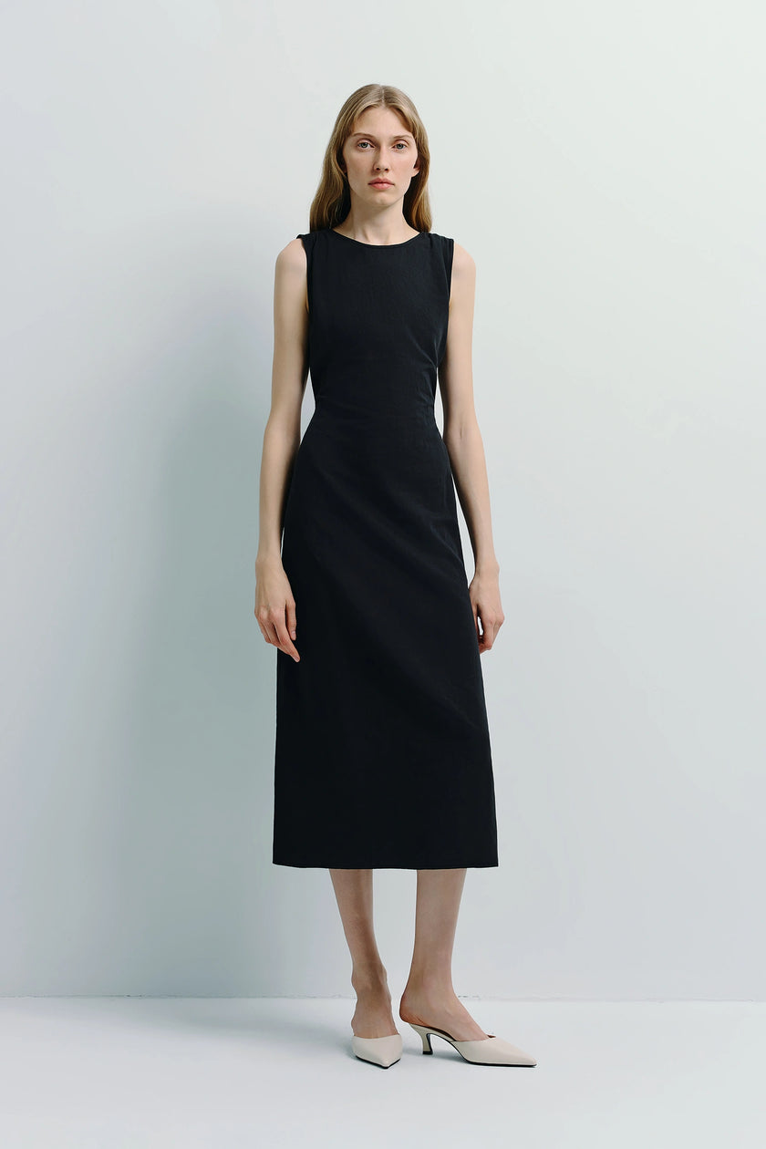 Antoine Tie Waist Midi Dress in black, sleeveless midi dress, perfect for Rue Sophie's modern woman