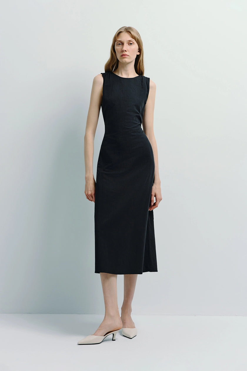 Antoine Tie Waist Midi Dress in black, sleeveless midi dress with modern design