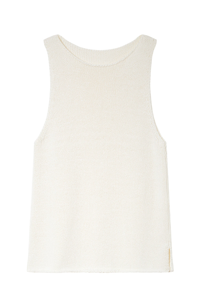 Cream cotton-blend boatneck tank top, lightweight and softly structured.