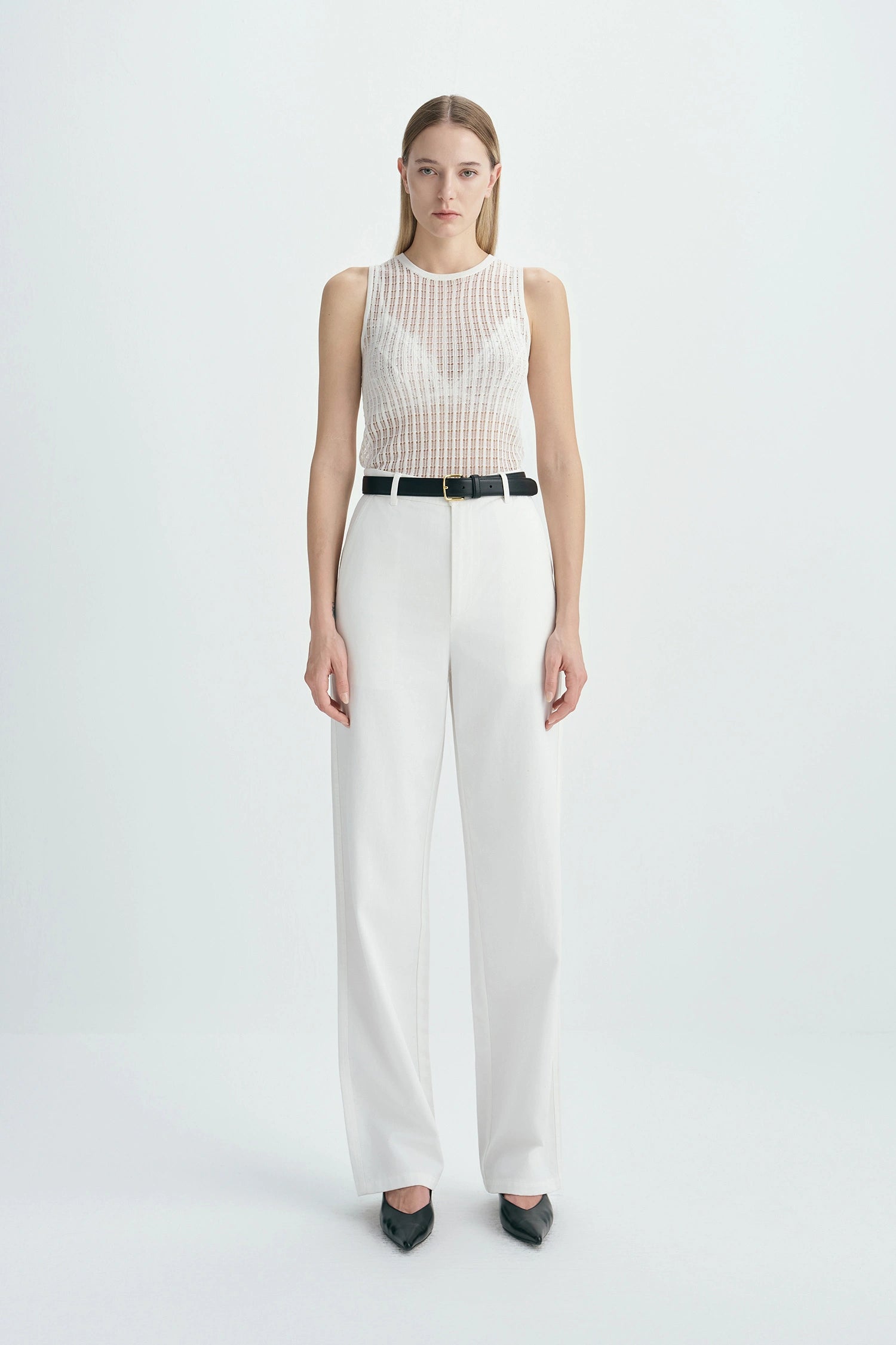 Traverse Lace-Stitch Knit Top White