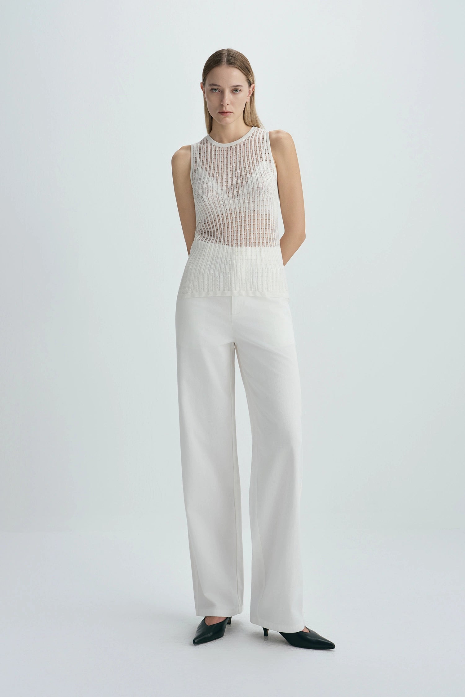 Traverse Lace-Stitch Knit Top White