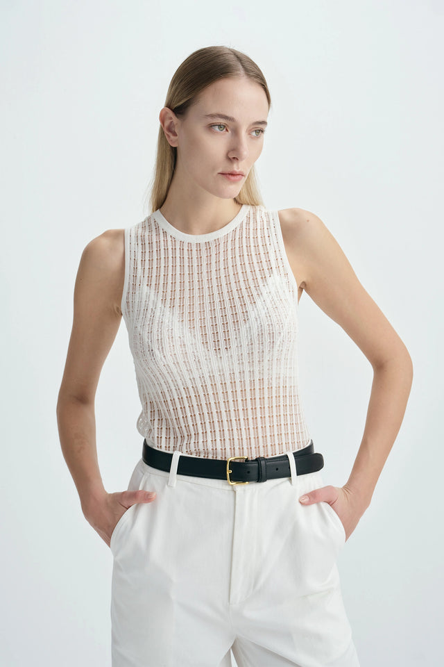 Traverse Lace-Stitch Knit Top White