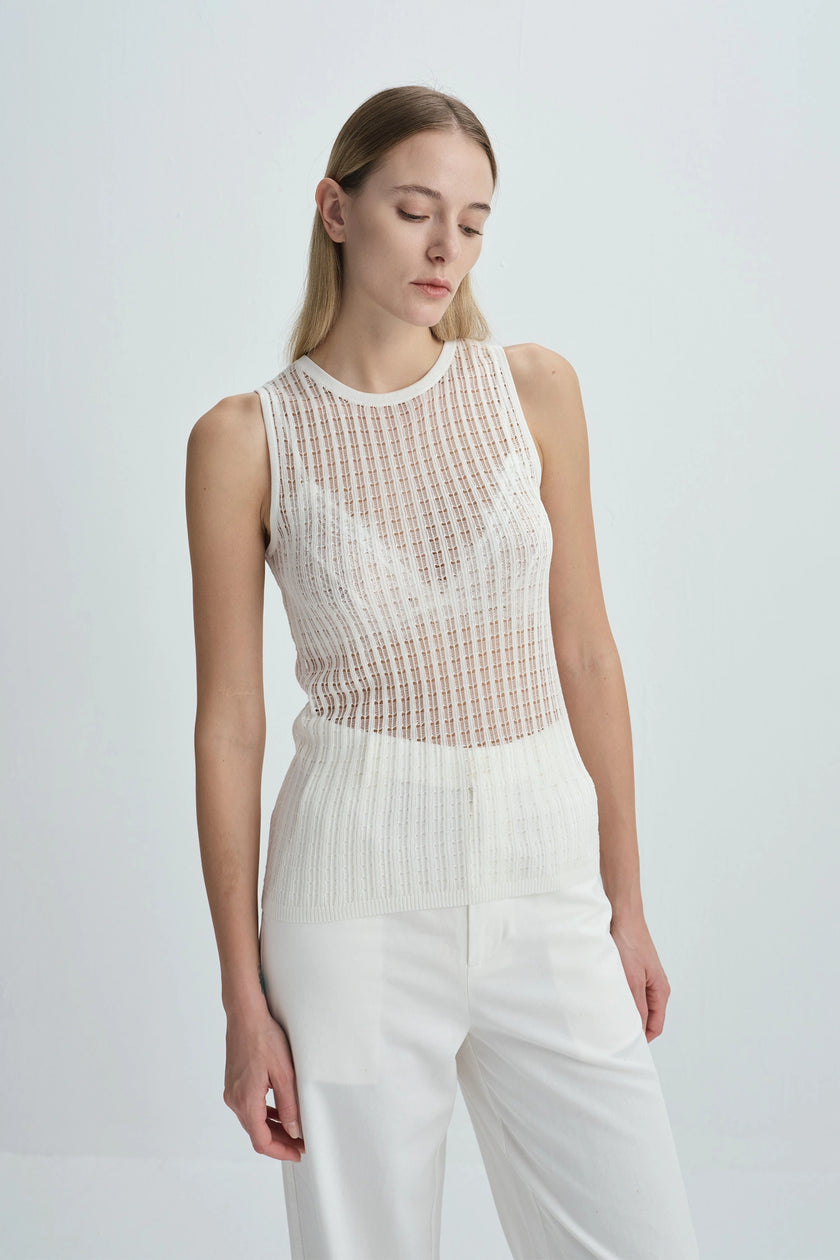 Traverse Lace-Stitch Knit Top White