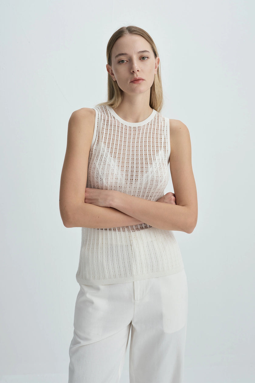 Traverse Lace-Stitch Knit Top White