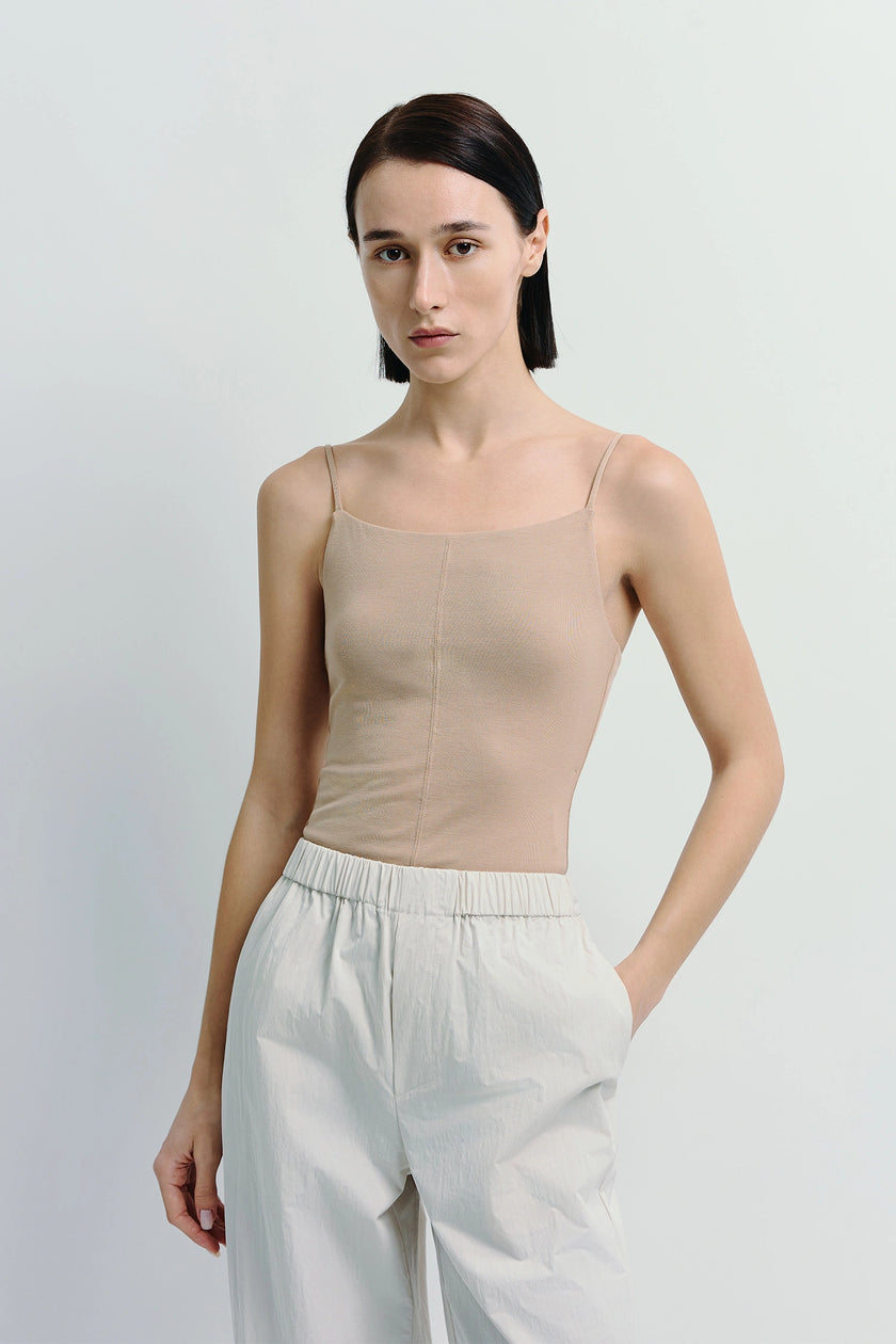 Ruesophie Aride Cami Bodysuit in Viscose Blend, minimalist taupe top and beige pants, minimalist style