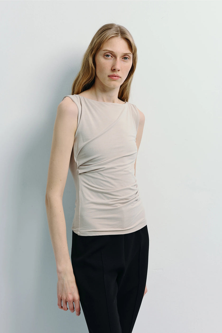 Ruesophie beige Fantine top with side pleats. Tailored fit, premium modal blend. Part of the Fall/Winter collection.