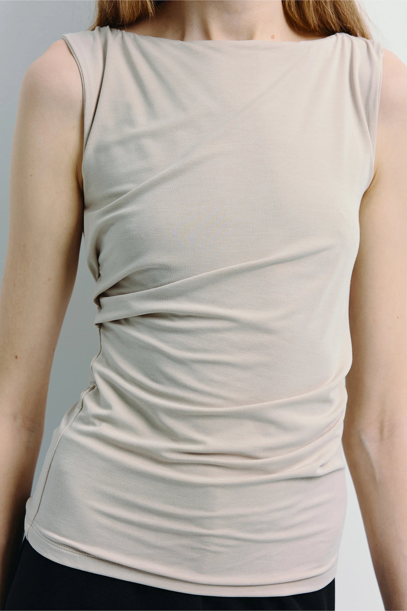 Fantine Side Pleat Top in beige, modal blend, with side pleats