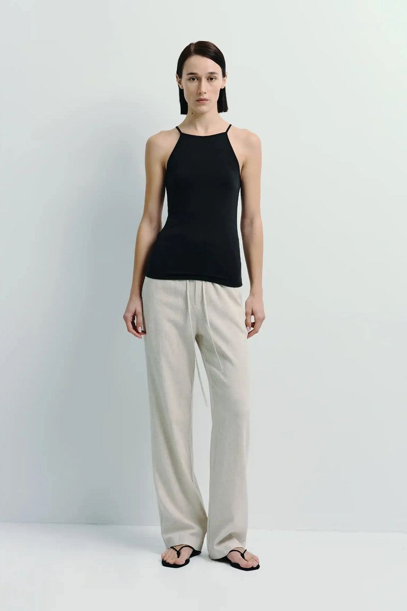 Lola Halter Cami Top in black with linen pants, minimalist design, modal blend
