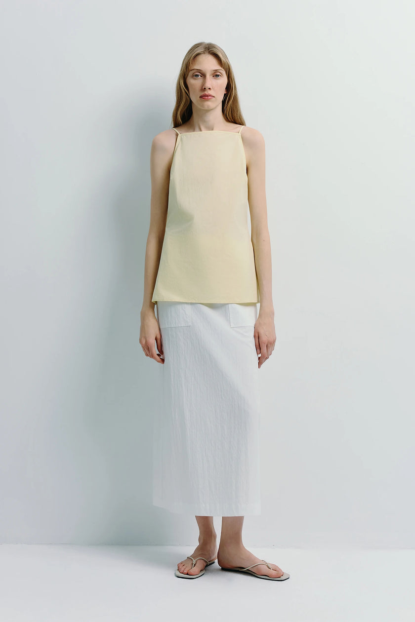 Vélo Square Neck Cami Top in pale yellow with white skirt, minimalist cotton design, structured top