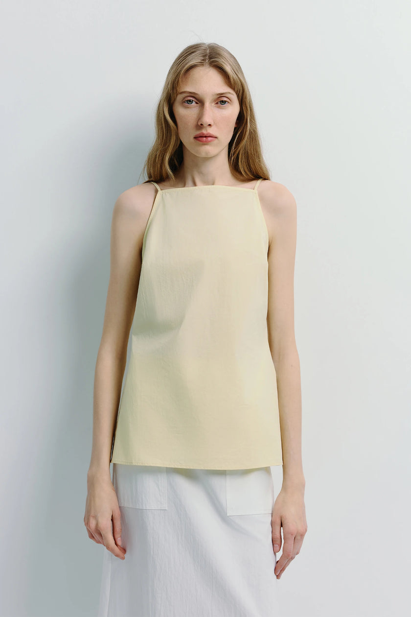 Vélo Square Neck Cami Top in pale yellow, cotton top with square neckline, minimalist design, white skirt