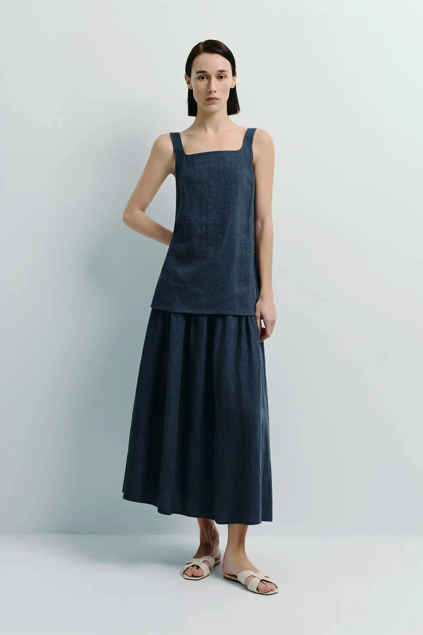 Square neck top and midi skirt linen set in dark blue, minimalist and modern style