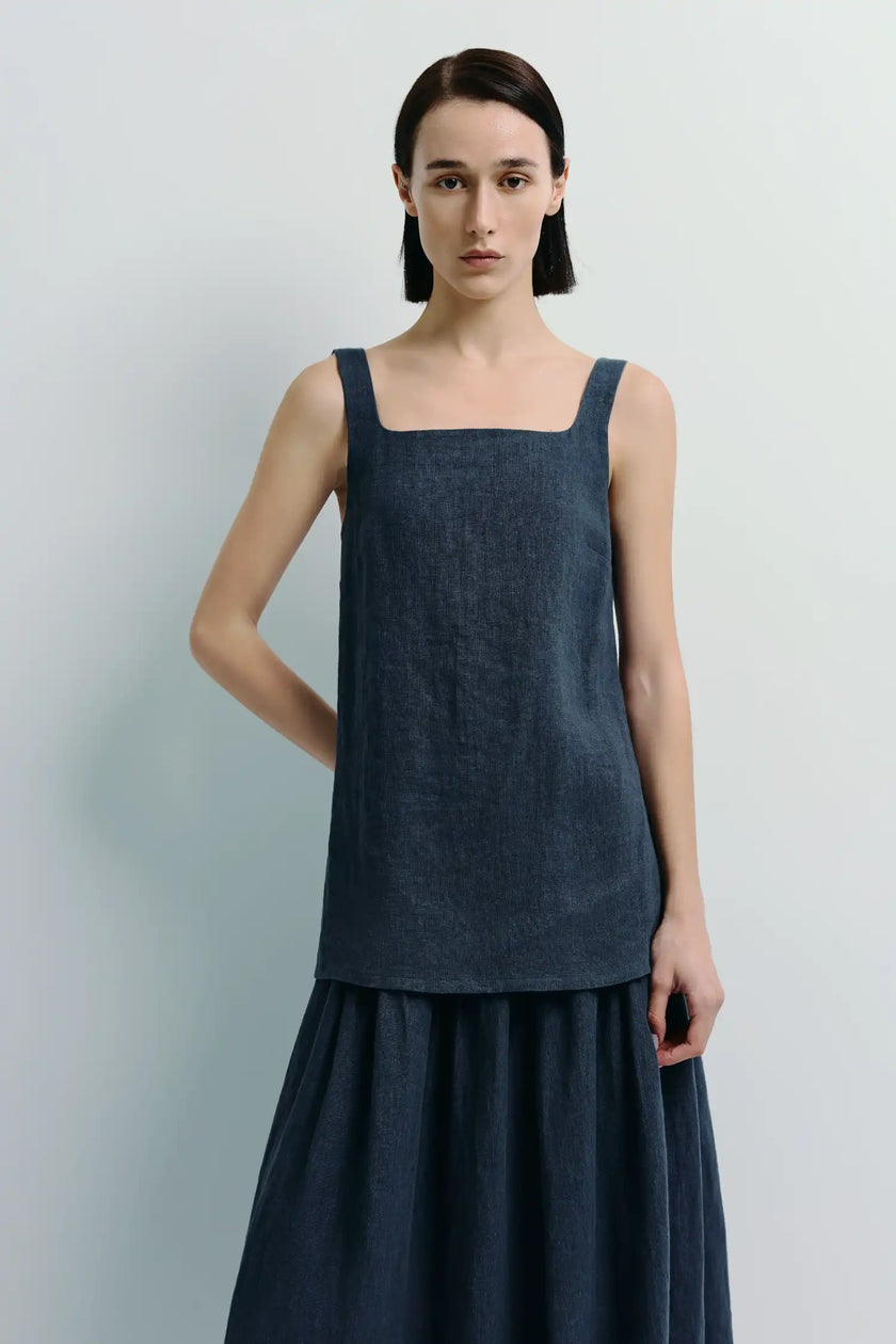Dark blue linen Jean Square Neck Top on a woman, minimalist and modern style, soft material