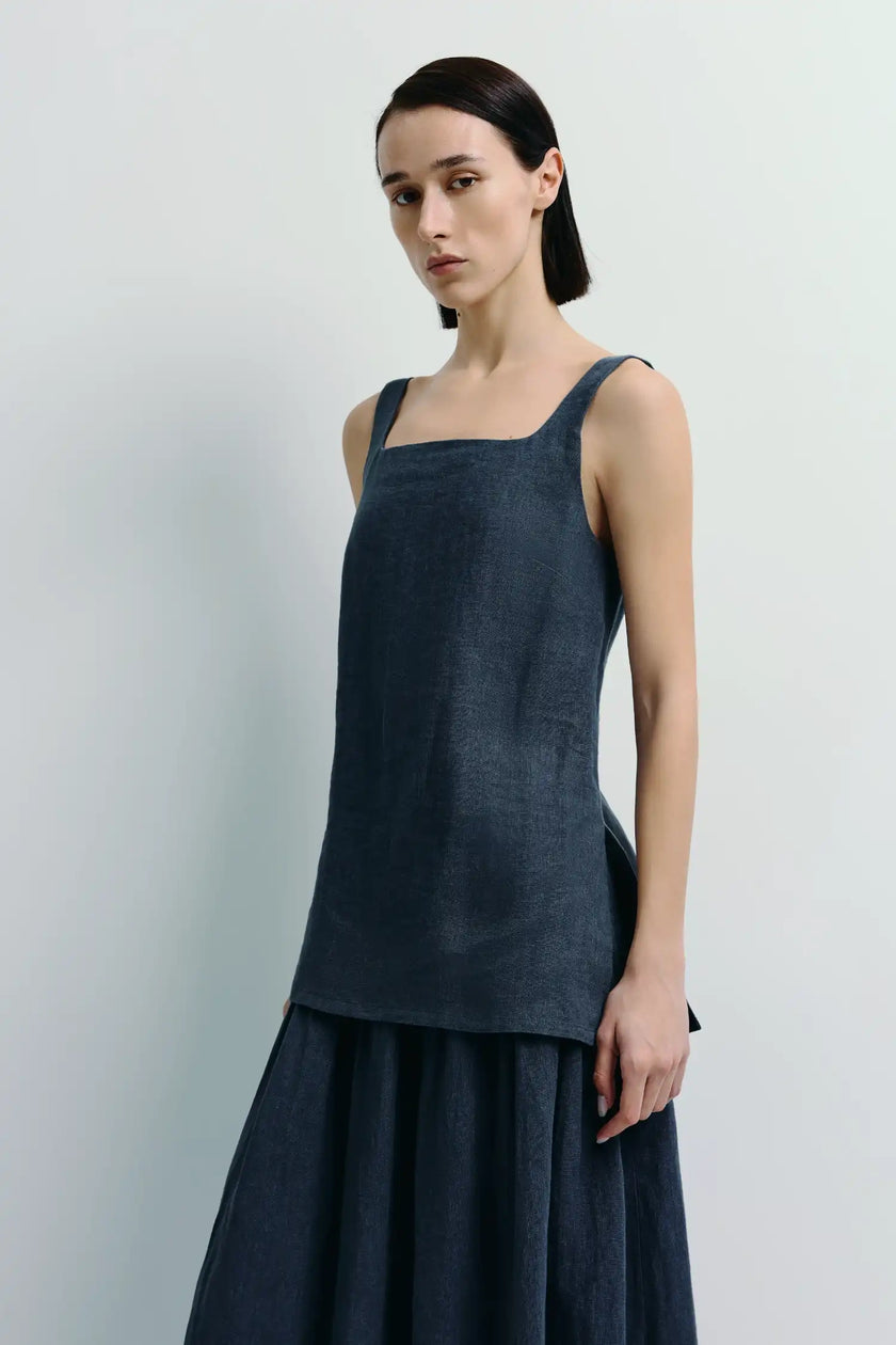 Dark blue Jean Square Neck Top and skirt set, minimalist linen tank top and skirt, soft fabric