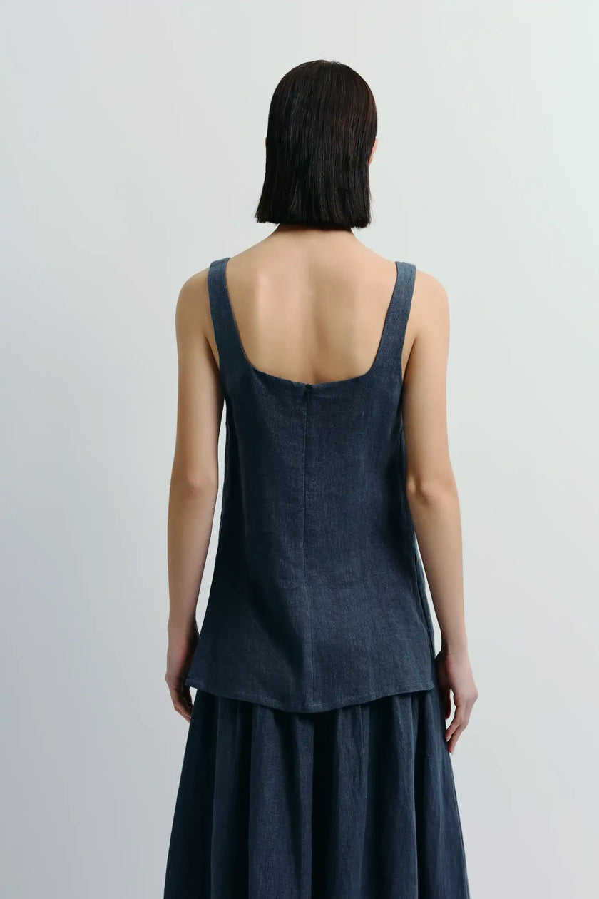 Navy linen square neck top and matching skirt, softly structured fit, for women