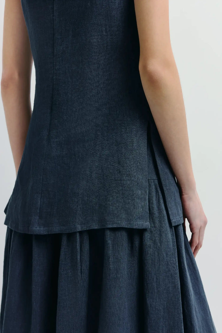 Navy linen square neck top and midi skirt set, softly structured fit, refined for warmer days.