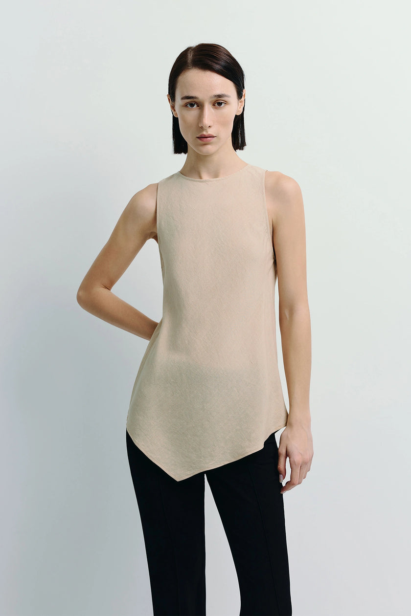 Agmes beige linen top with asymmetric hemline, perfect for summer wear