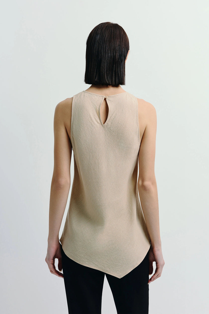 Agmes beige linen-blend Handkerchief Hem Top, asymmetric hem, keyhole back. Perfect summer wear.
