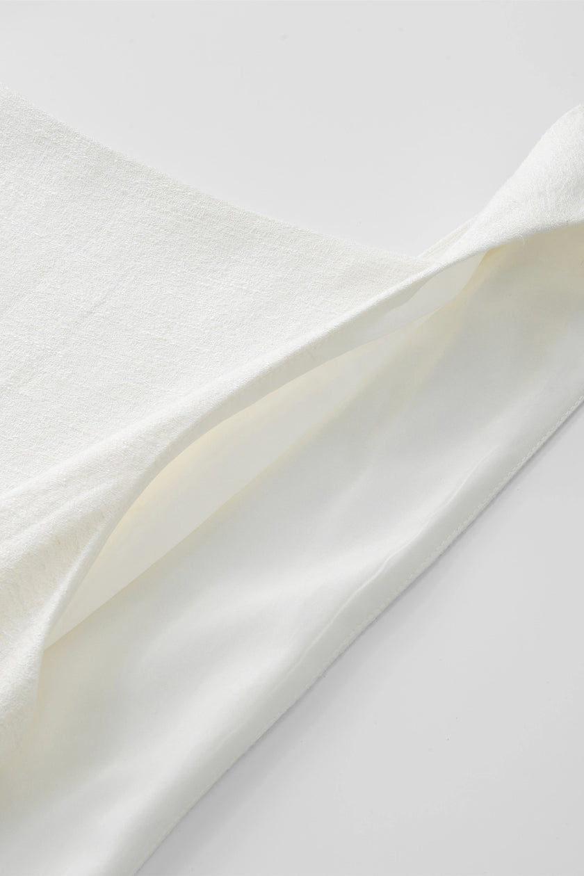 Carré High Square Neck Top in white linen-cotton blend. Close-up detail of fabric and texture.