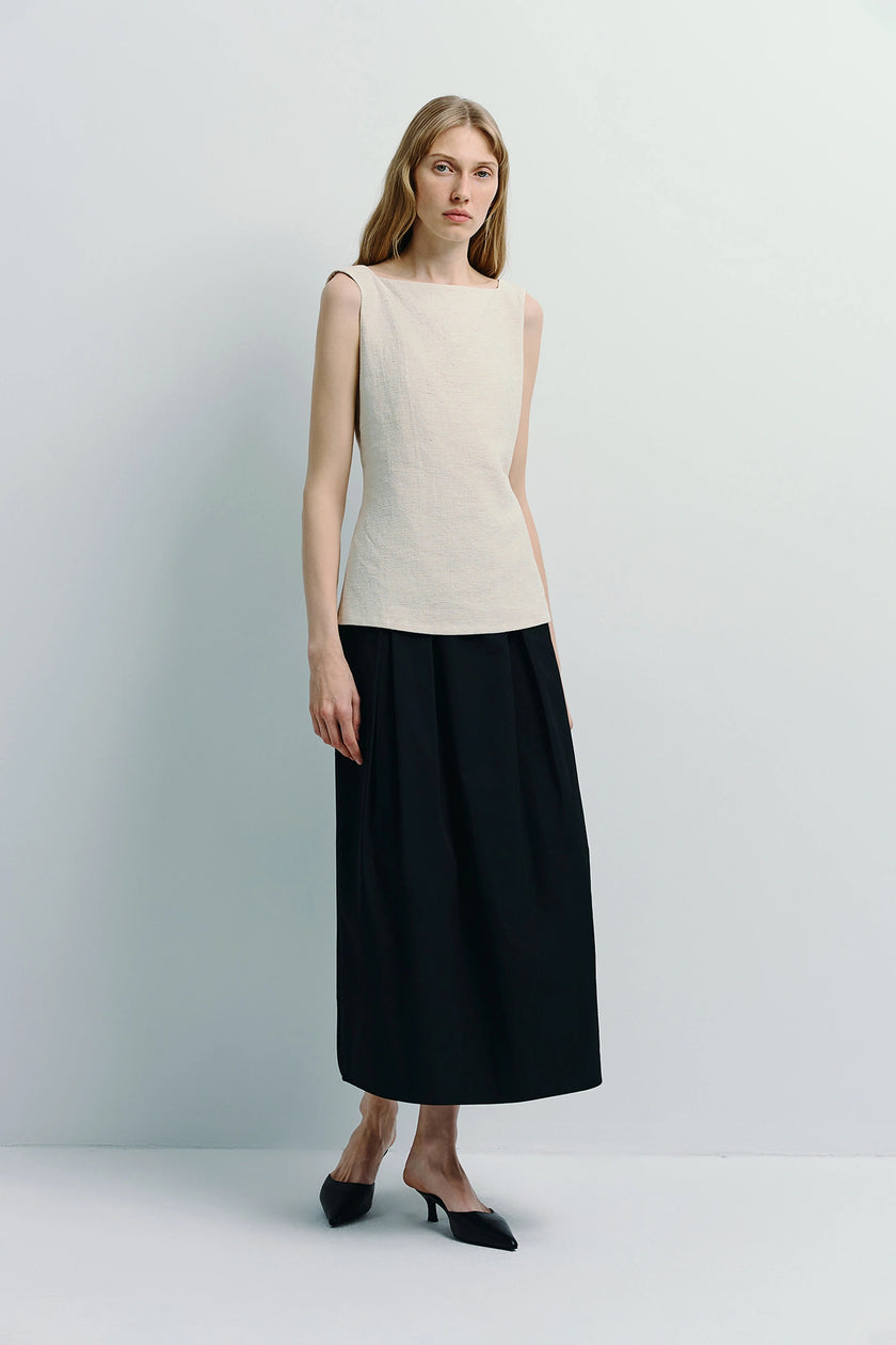 Carré High Square Neck Top, cream linen-blend top and black skirt, modern minimalist fashion