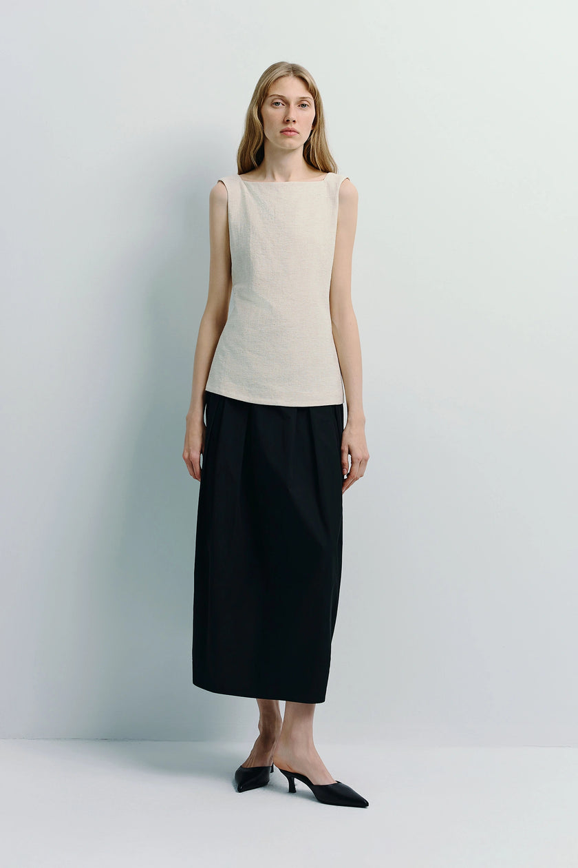 Cream Carré High Square Neck Top and black skirt, linen-blend top, minimalist fashion
