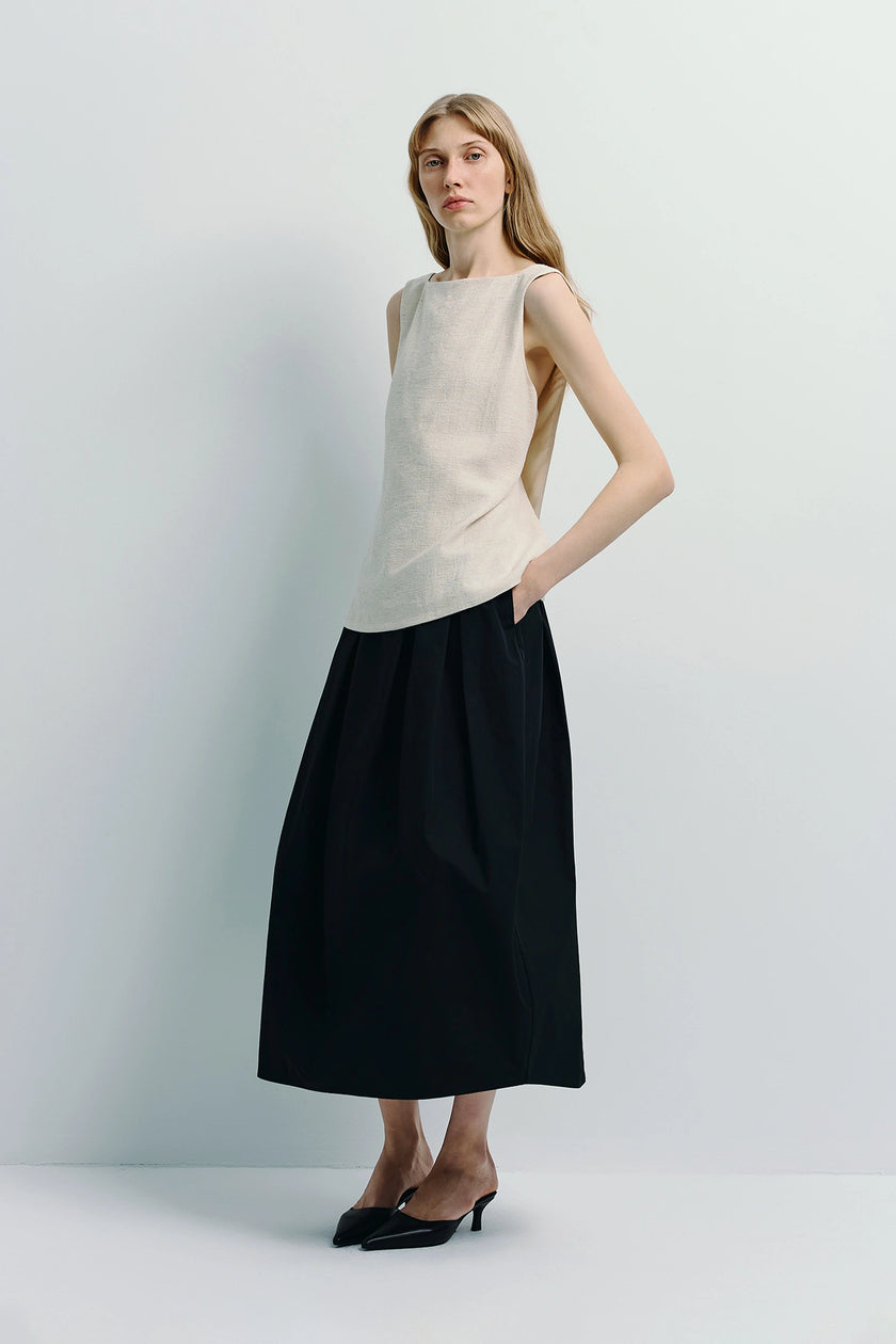 Carré High Square Neck Top and Black Skirt, cream linen-blend top, modern minimalist fashion