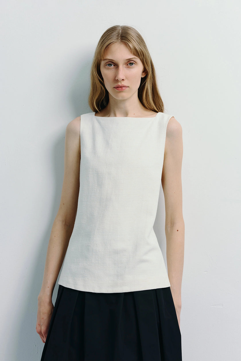 Carré High Square Neck Top in white linen-cotton blend