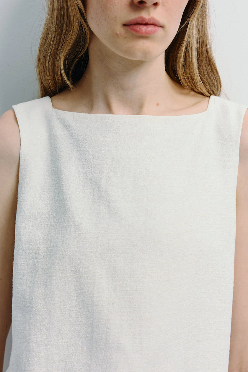 Carré High Square Neck Top in textured white linen-cotton blend, square neckline