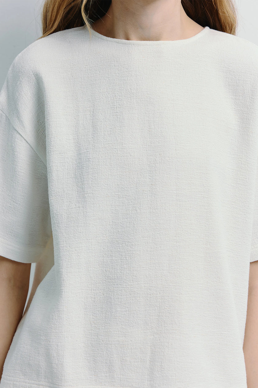 Off-white Boîte Boxy Top, short sleeve, linen blend fabric, modern minimalist design