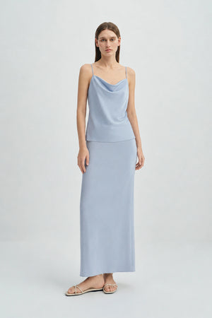Aela Deep Slit Back Maxi Skirt Chambray