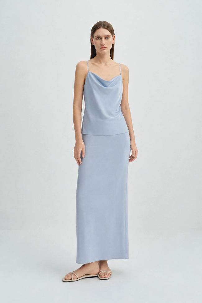 Aela Deep Slit Back Maxi Skirt Chambray