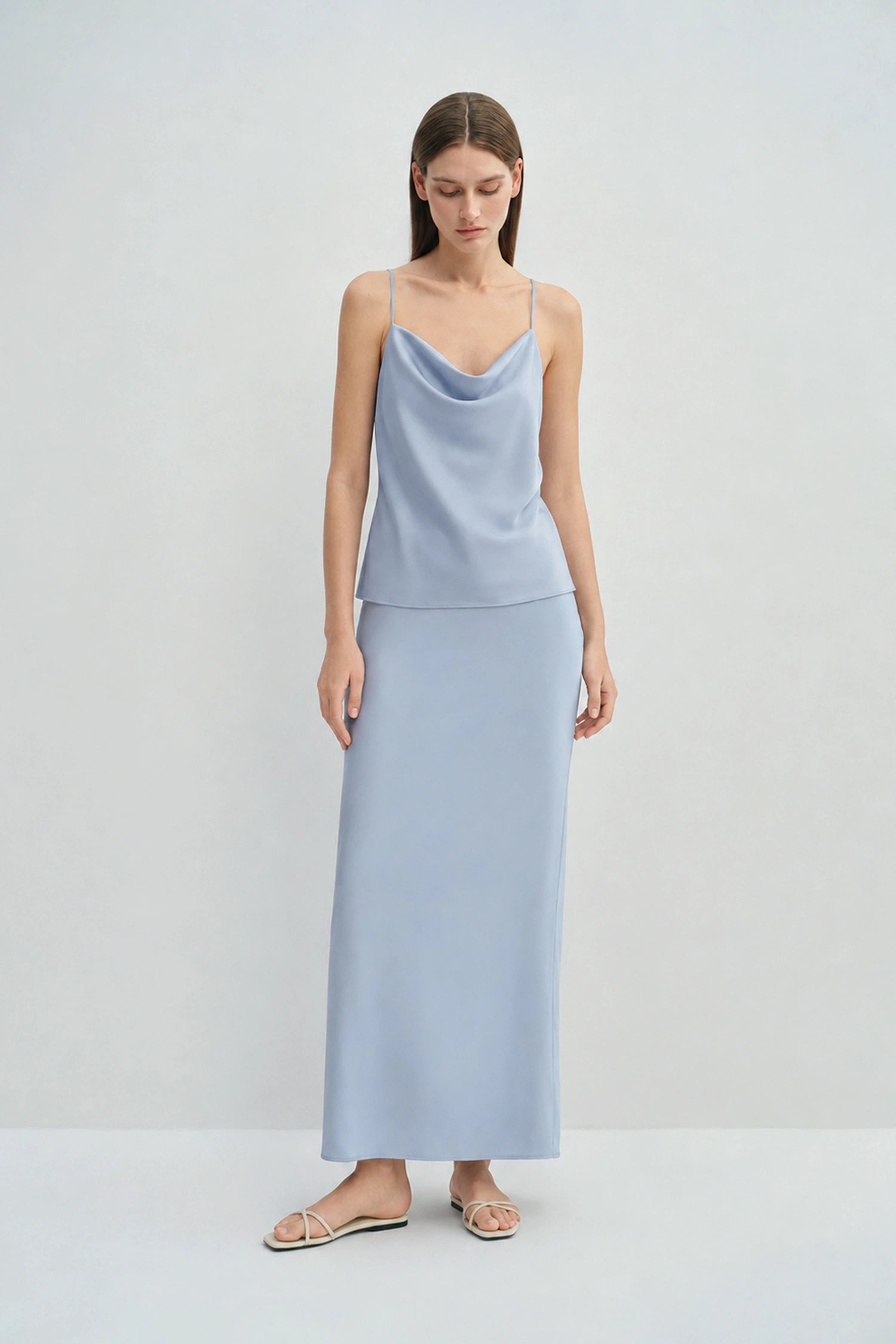 Aela Deep Slit Back Maxi Skirt Chambray