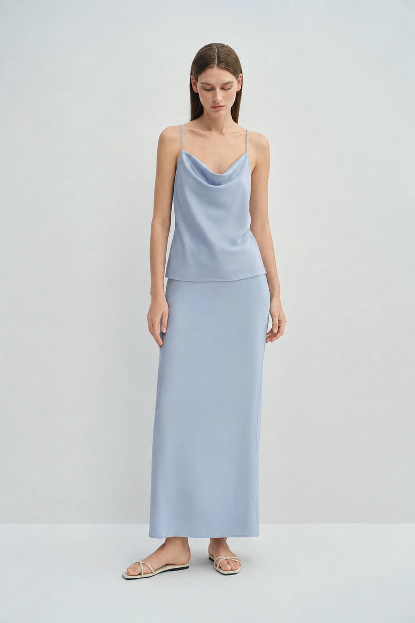 Aela Deep Slit Back Maxi Skirt Chambray