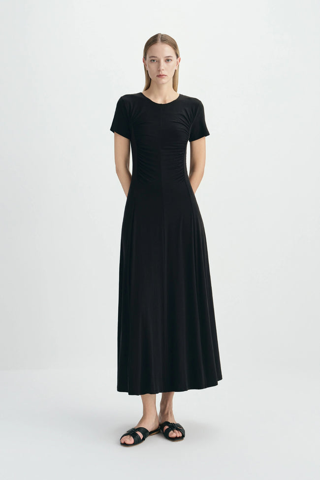 Solenne Shirred Detail Midi Dress-Black