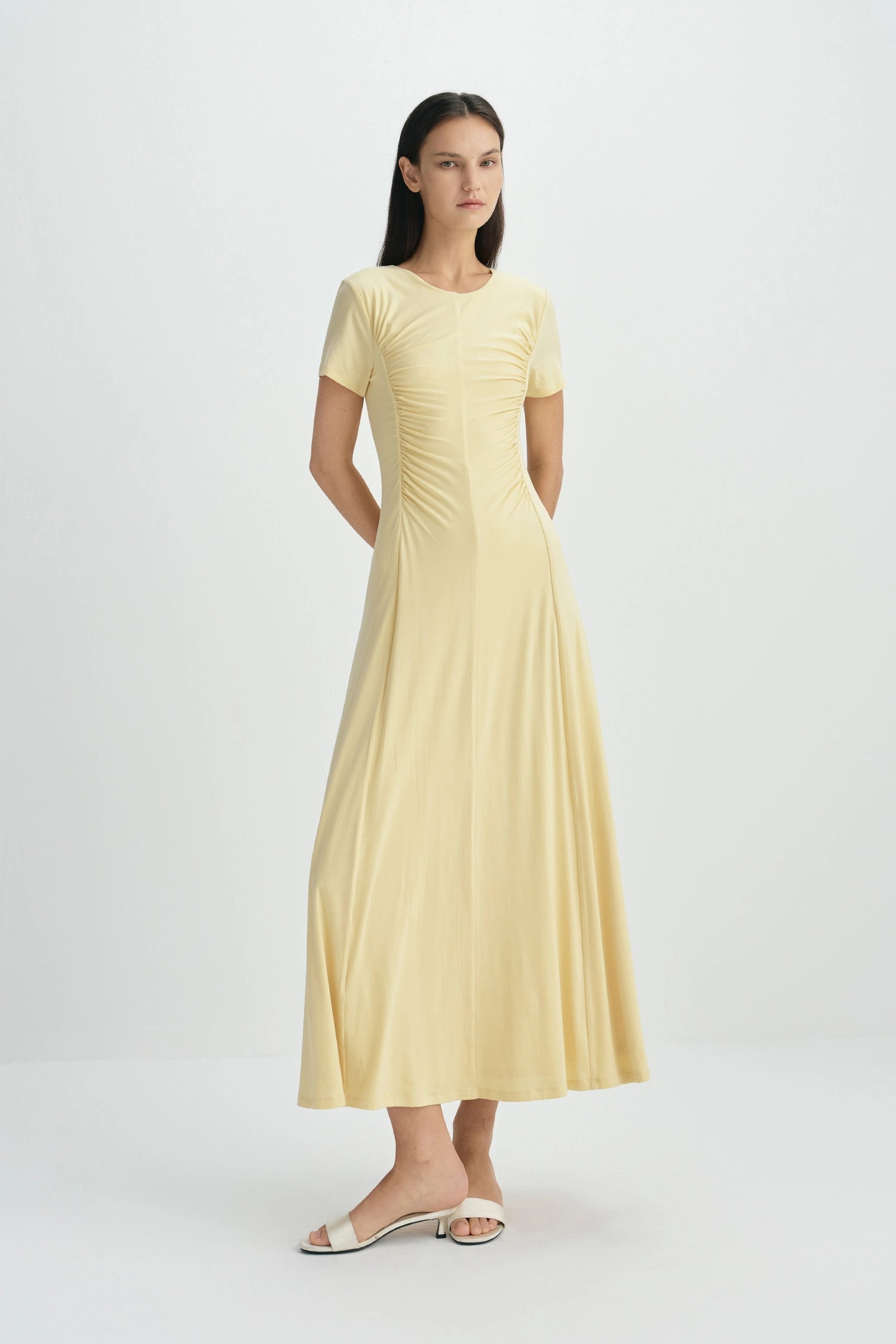 Solenne Shirred Detail Midi Dress-Straw