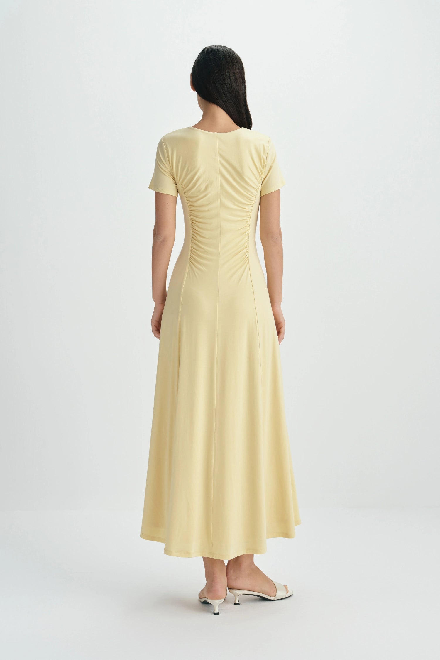 Solenne Shirred Detail Midi Dress-Straw