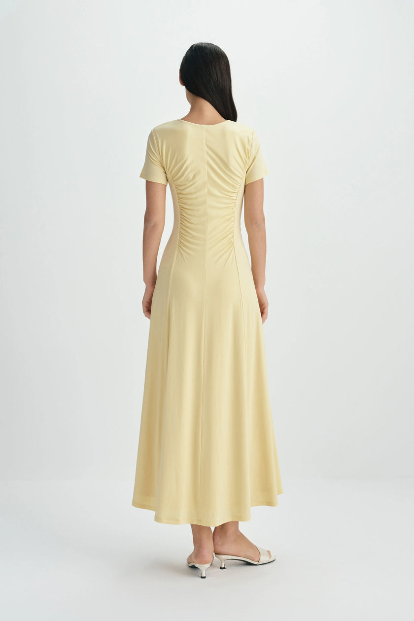 Solenne Shirred Detail Midi Dress-Straw