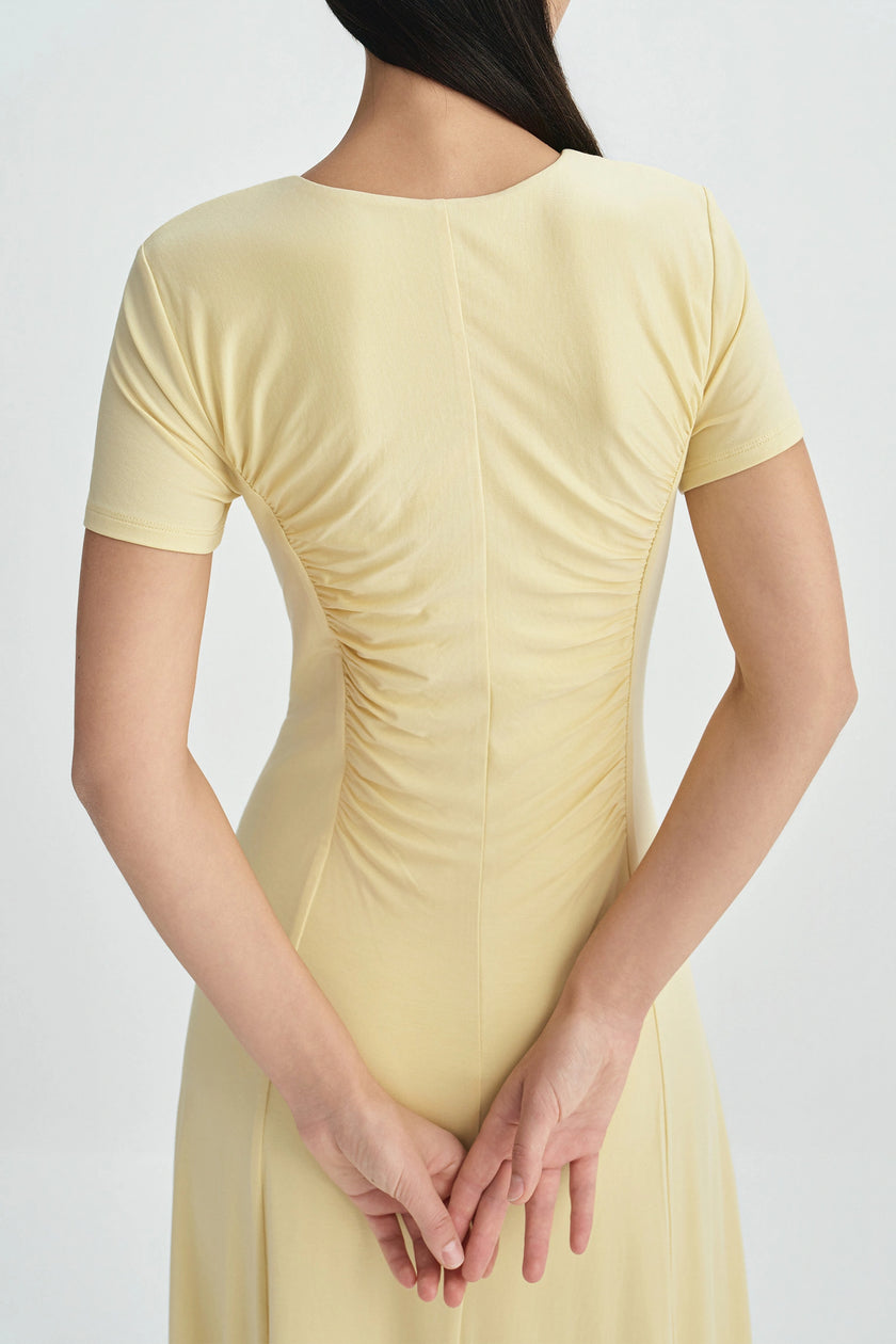 Solenne Shirred Detail Midi Dress-Straw