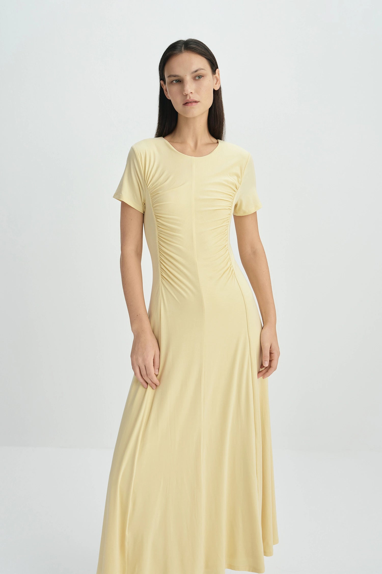 Solenne Shirred Detail Midi Dress-Straw
