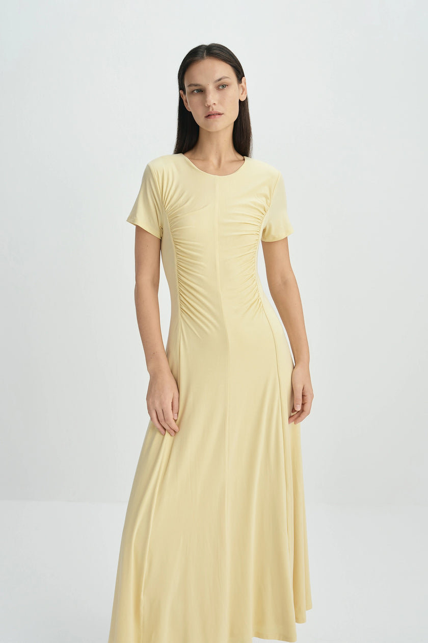 Solenne Shirred Detail Midi Dress-Straw