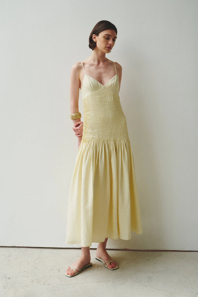 Fleursonne Pintucked Midi Dress-Italian Straw