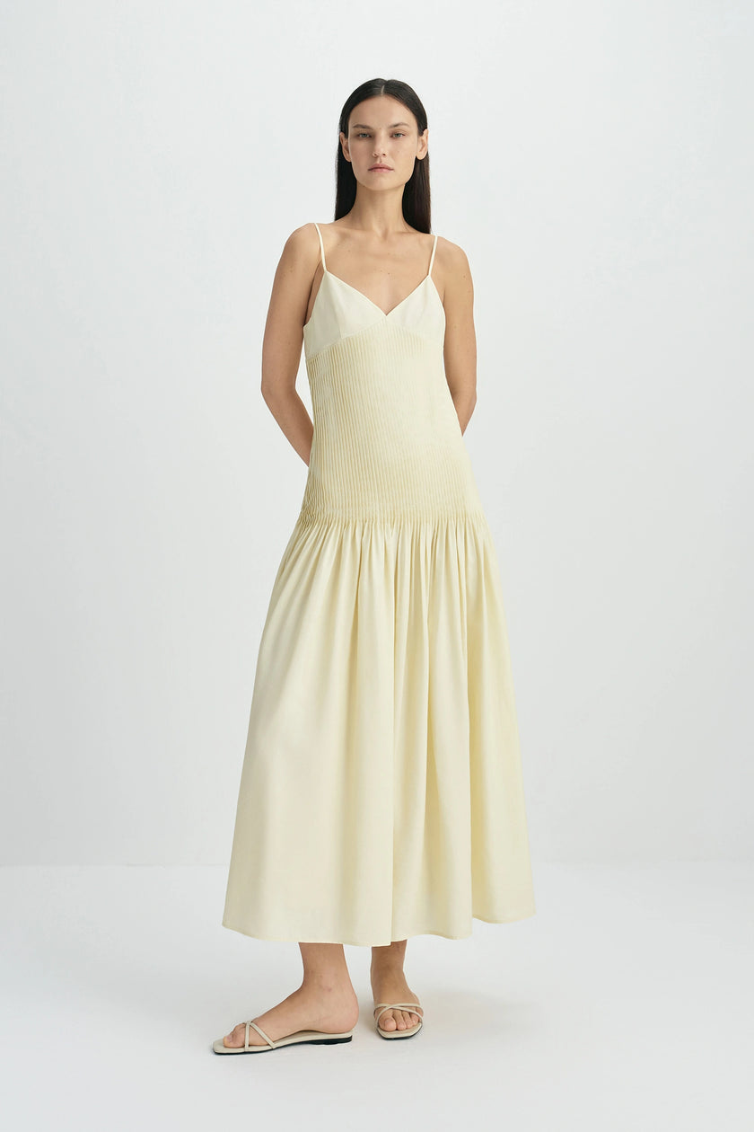 Fleursonne Pintucked Midi Dress-Italian Straw