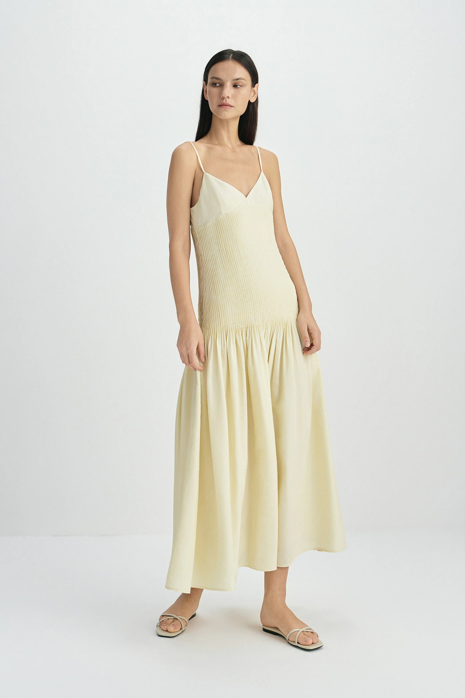 Fleursonne Pintucked Midi Dress-Italian Straw