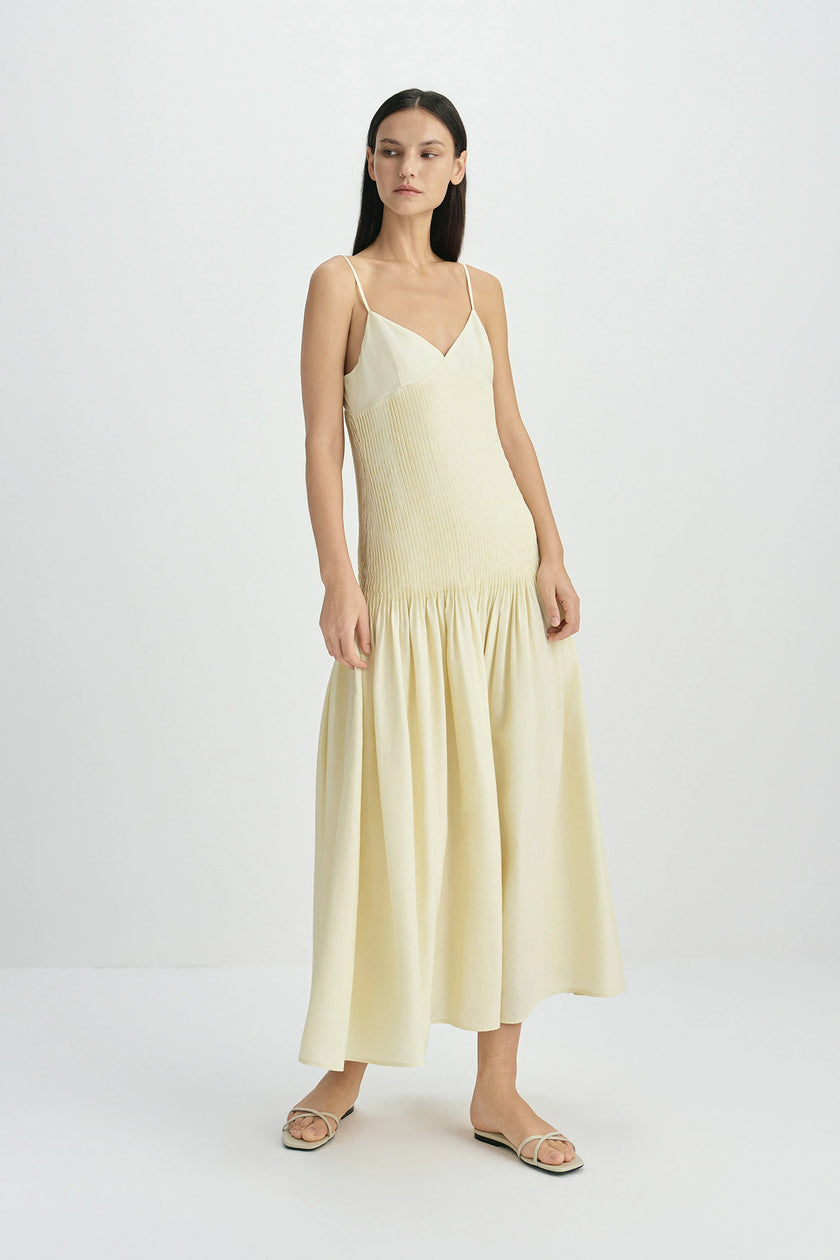 Fleursonne Pintucked Midi Dress-Italian Straw