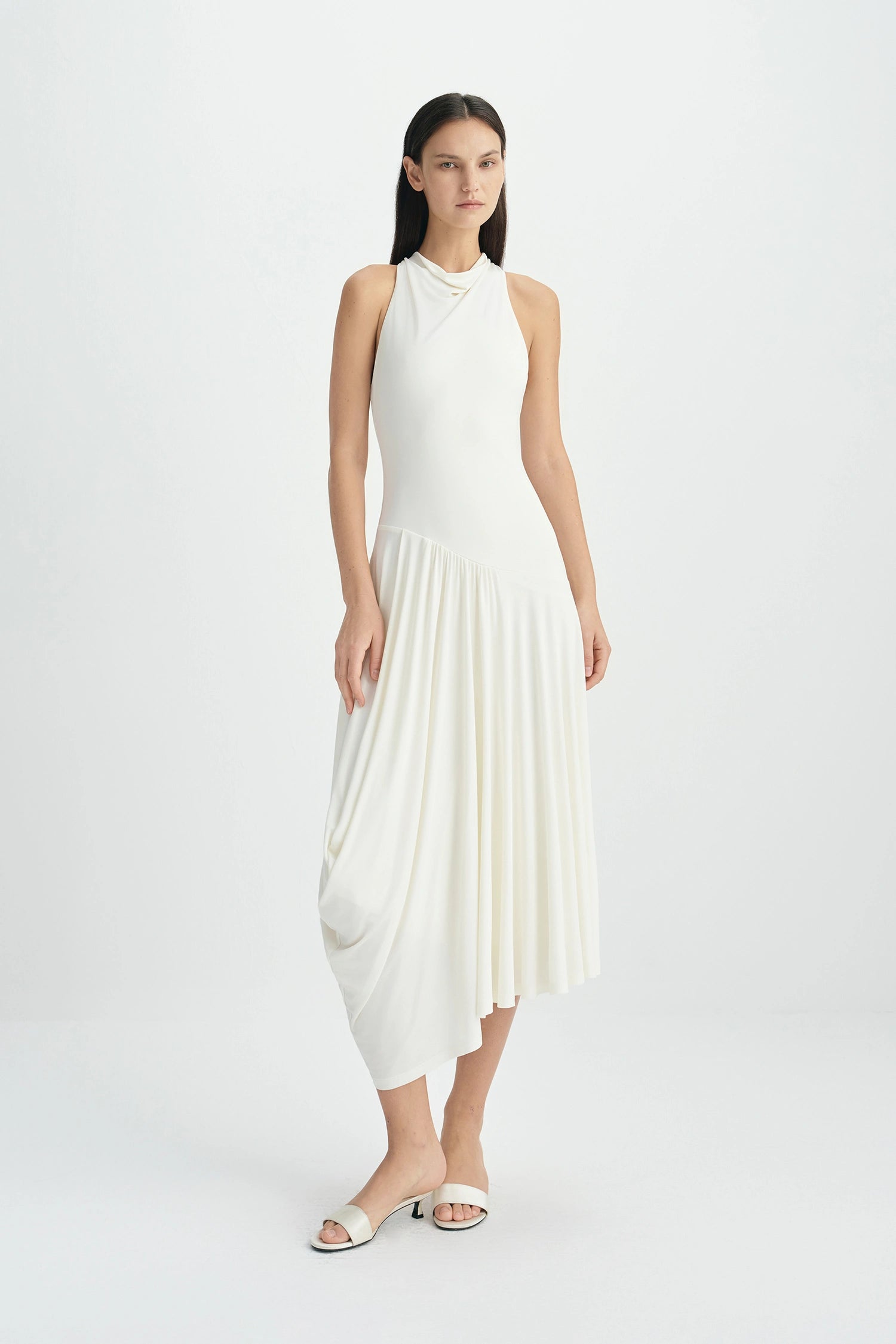 Oréa Draped Skirt Halter Dress Egret