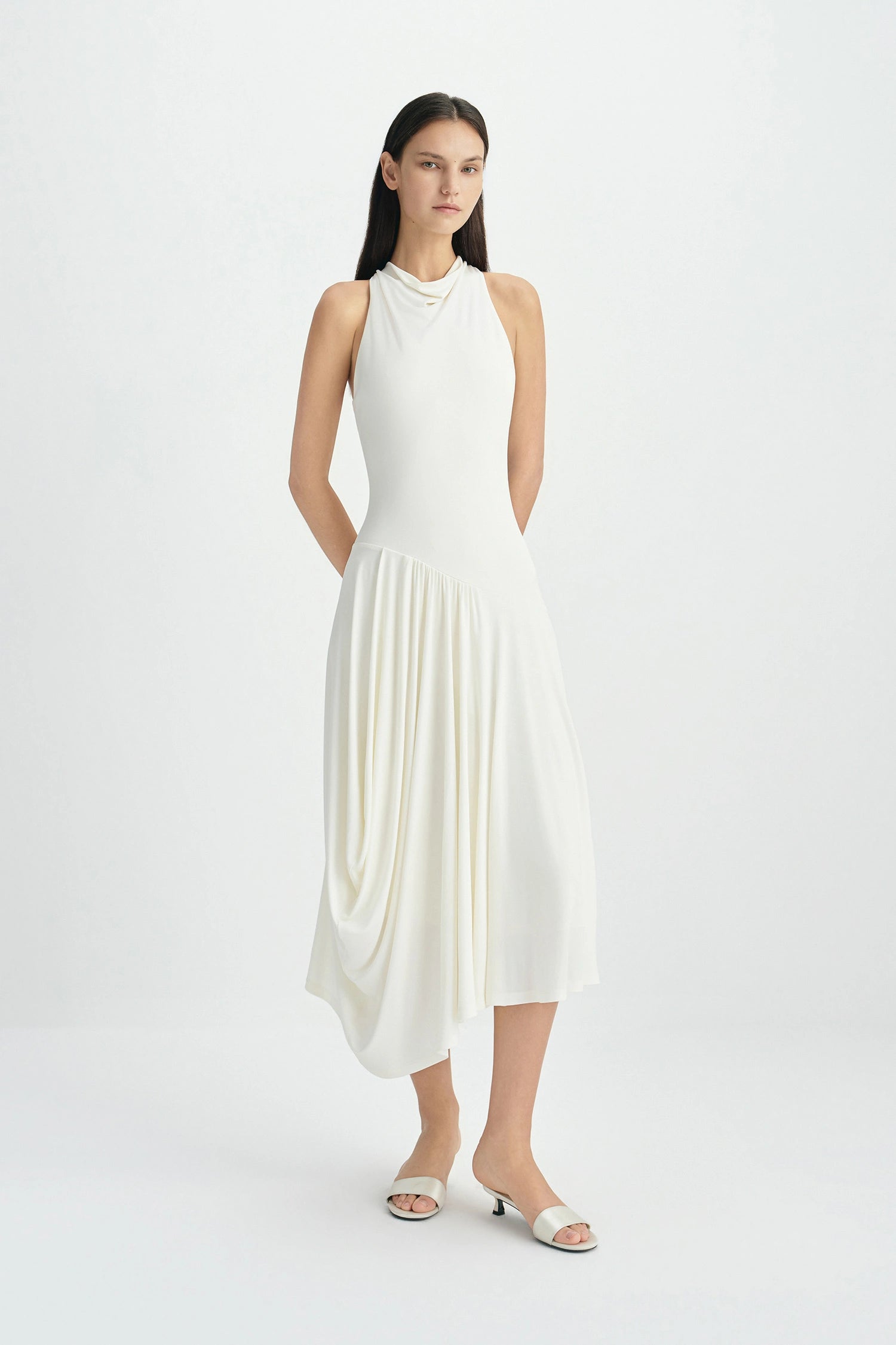 Oréa Draped Skirt Halter Dress Egret